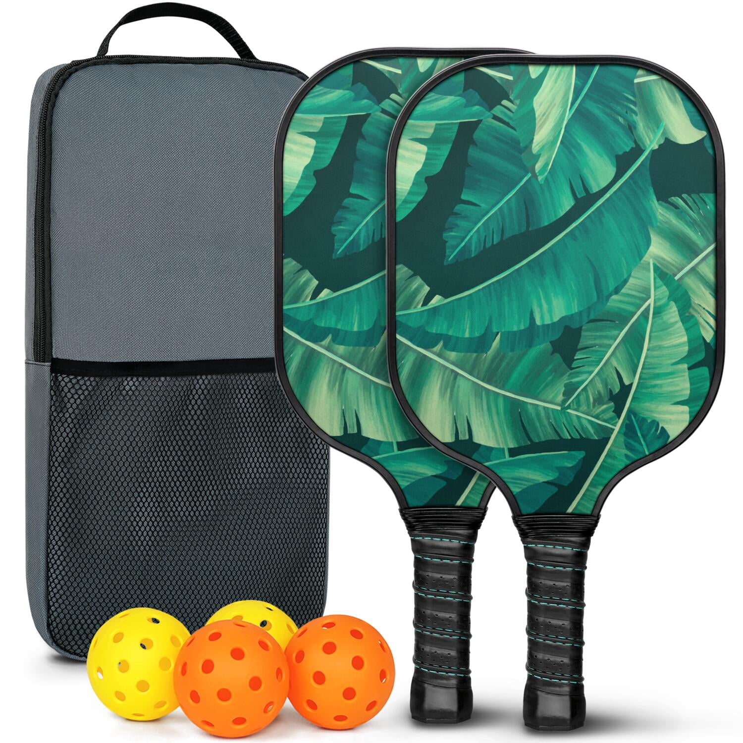 Pickleball Paddles Set Of 2, Fiberglass Surface, Tropical Jungle Print, 4 Balls & Bag