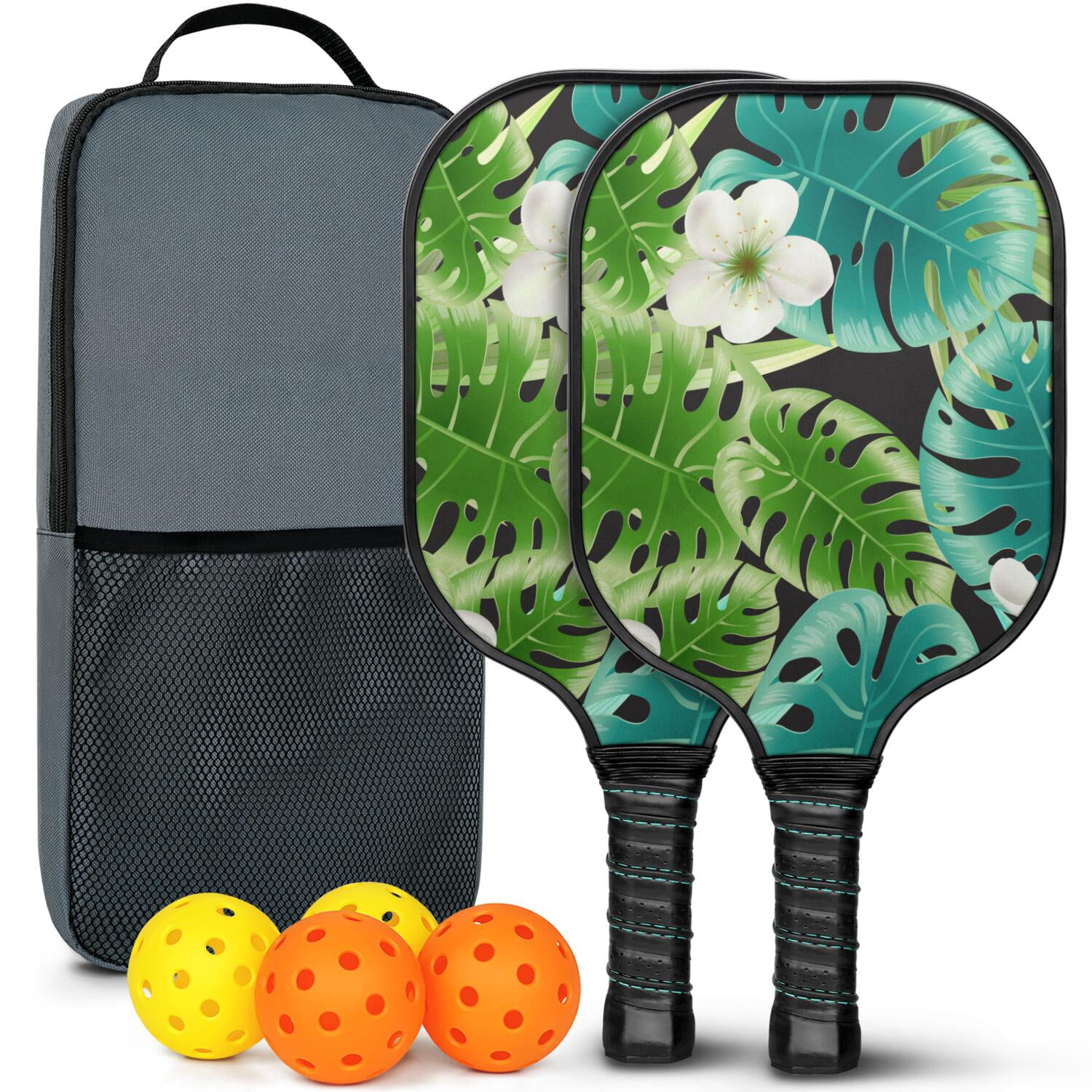 Pickleball Paddles Set Of 2, Fiberglass Surface, Tropical Jungle Print, 4 Balls & Bag