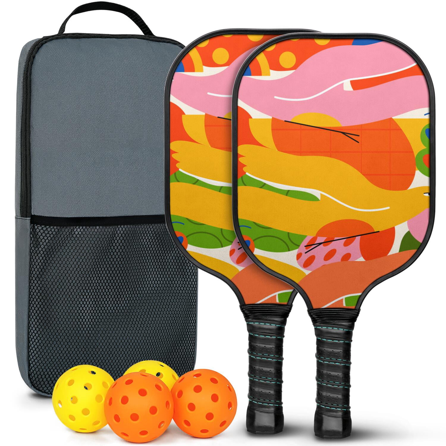 Pickleball Paddles Set Of 2, Fiberglass Surface, Tropical Jungle Print, 4 Balls & Bag
