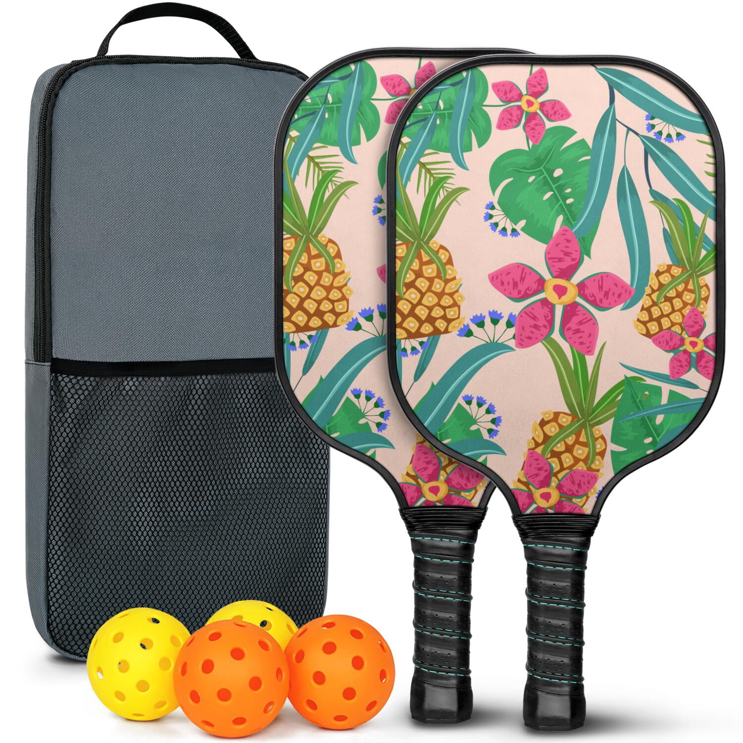 Pickleball Paddles Set Of 2, Fiberglass Surface, Tropical Jungle Print, 4 Balls & Bag