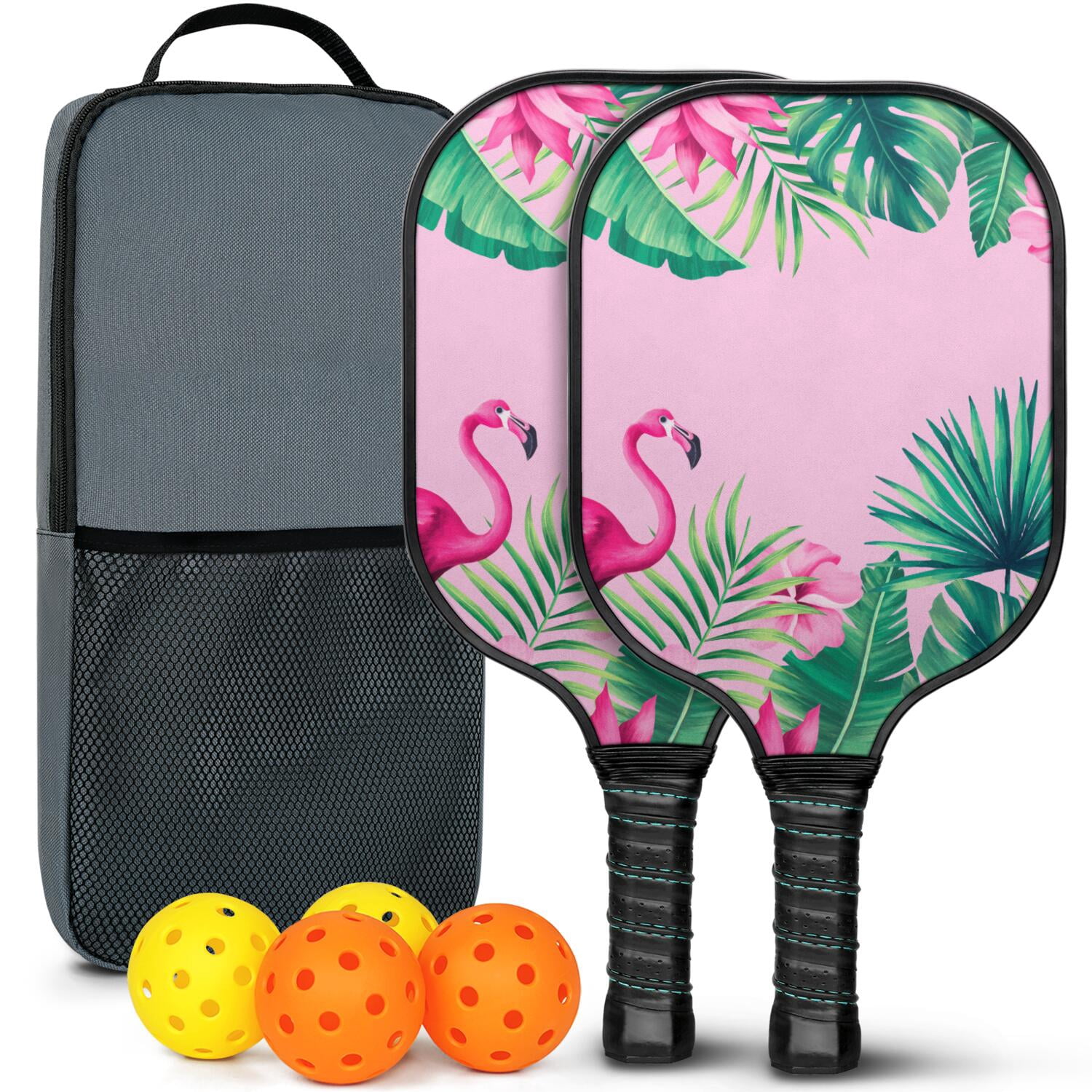 Pickleball Paddles Set Of 2, Fiberglass Surface, Tropical Jungle Print, 4 Balls & Bag