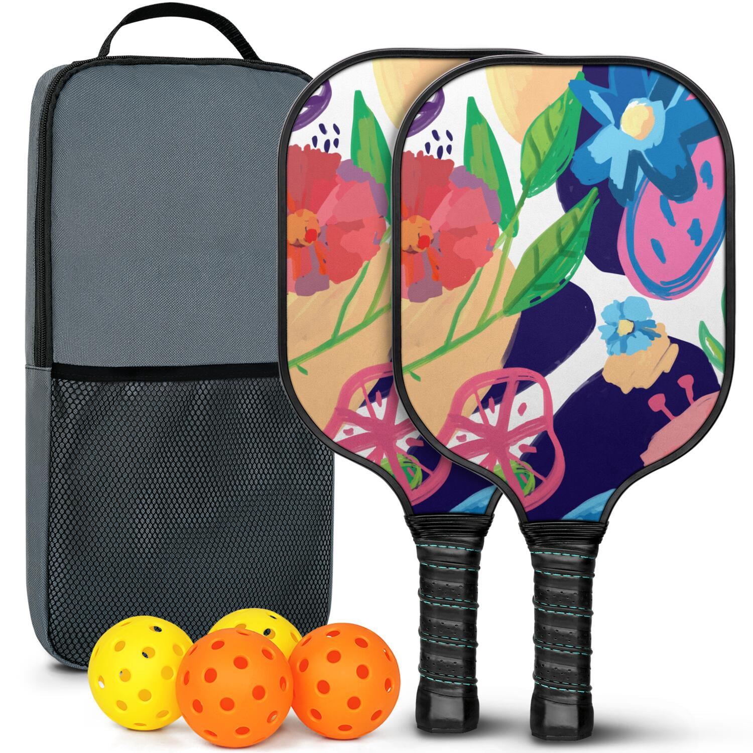 Pickleball Paddles Set Of 2, Fiberglass Surface, Tropical Jungle Print, 4 Balls & Bag