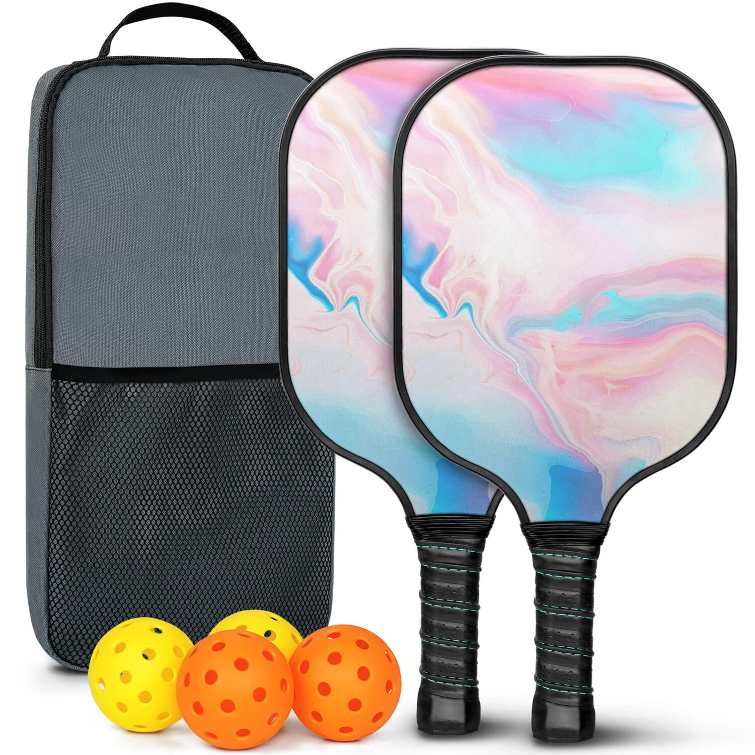 Pickleball Paddles Set Of 2, Fiberglass Surface, Turquoise Marble Pattern, 4 Balls & Bag