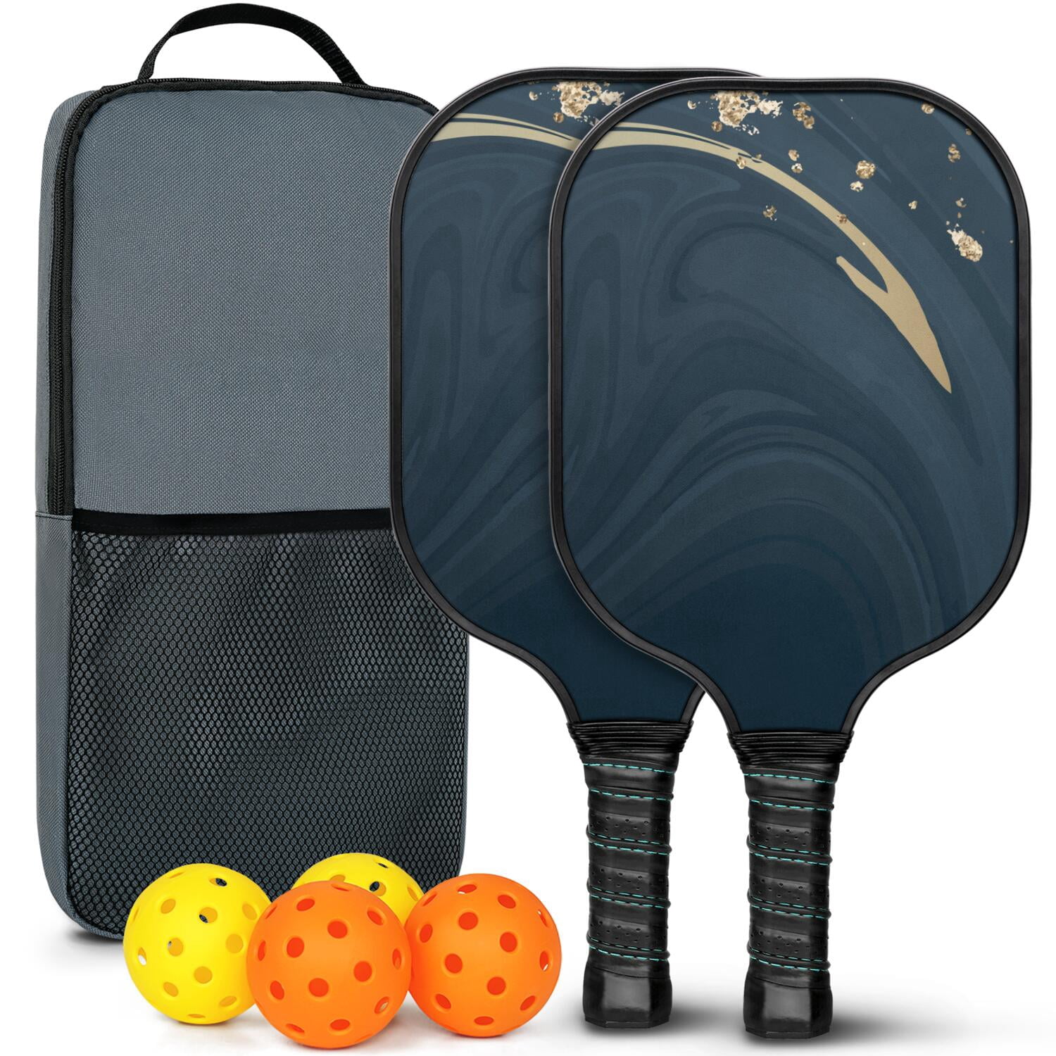Pickleball Paddles Set Of 2, Fiberglass Surface, Turquoise Marble Pattern, 4 Balls & Bag