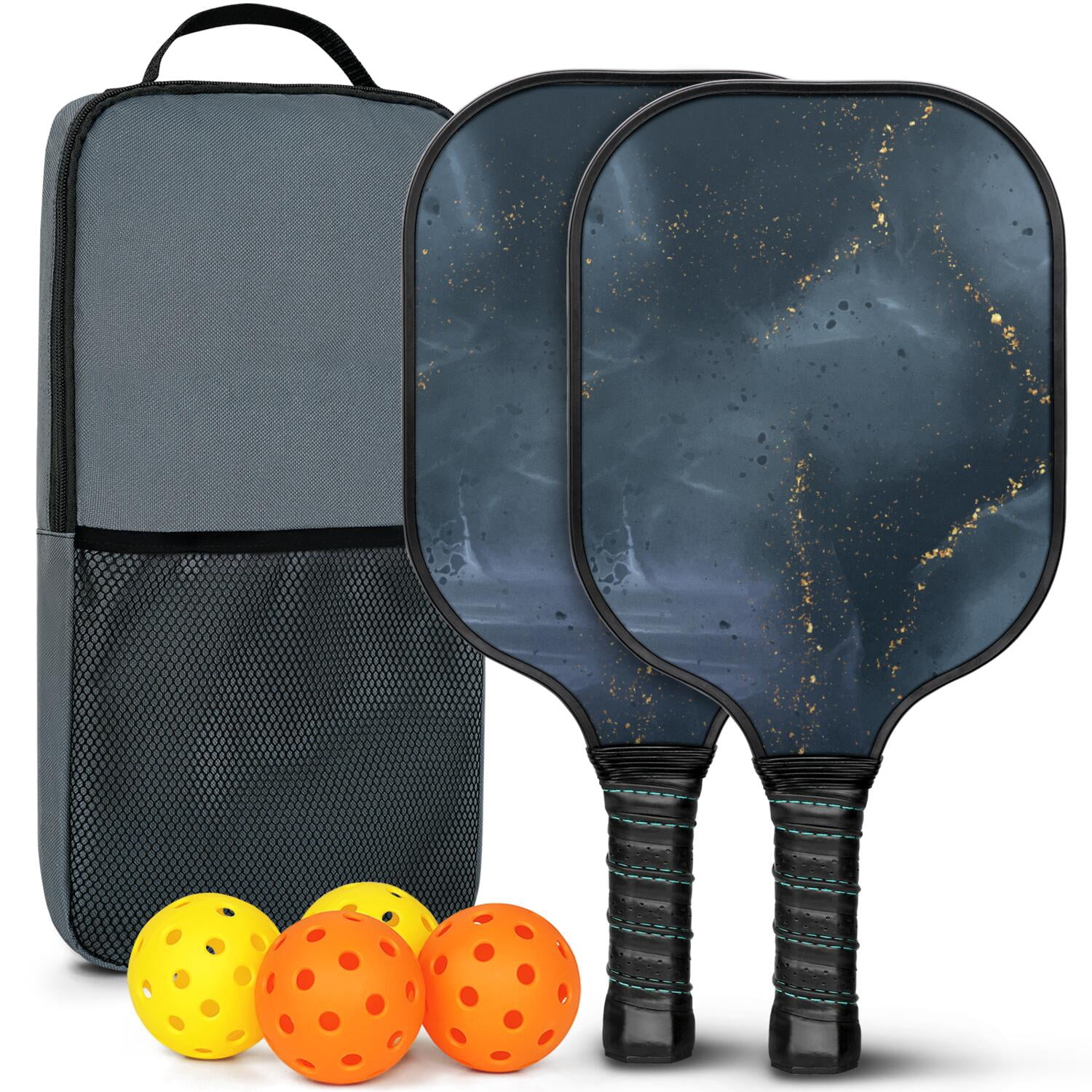 Pickleball Paddles Set Of 2, Fiberglass Surface, Turquoise Marble Pattern, 4 Balls & Bag