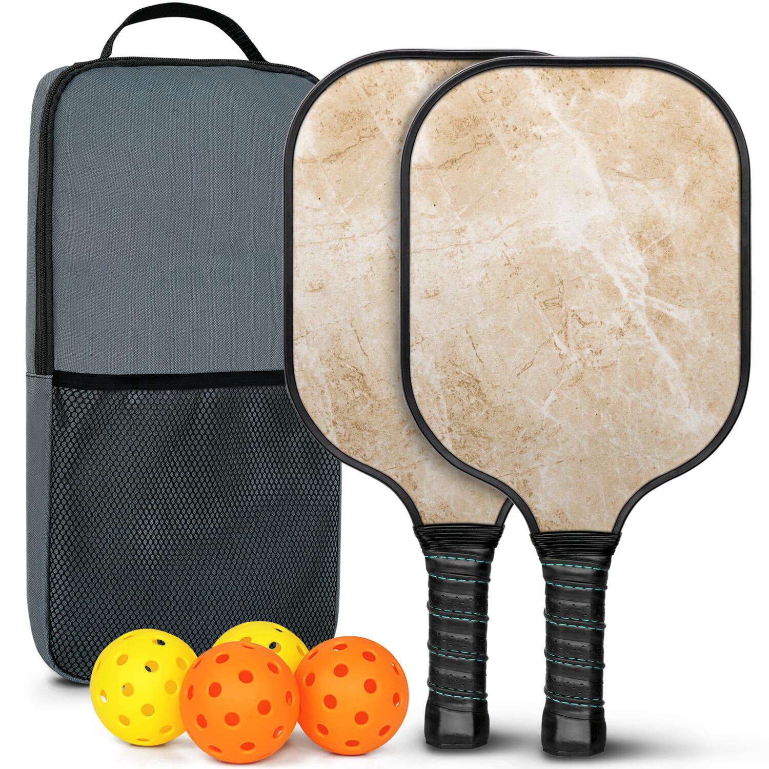 Pickleball Paddles Set Of 2, Fiberglass Surface, Turquoise Marble Pattern, 4 Balls & Bag