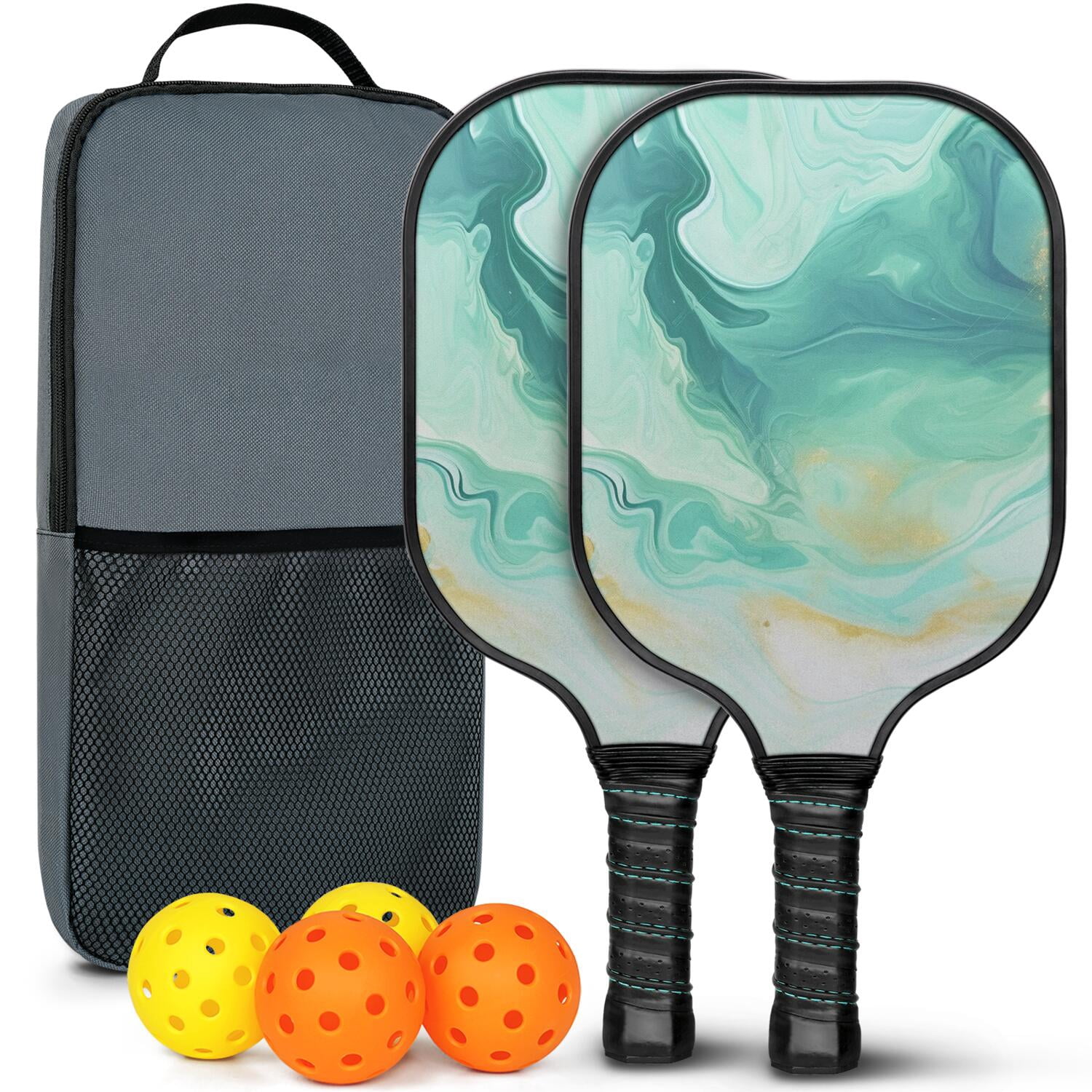 Pickleball Paddles Set Of 2, Fiberglass Surface, Turquoise Marble Pattern, 4 Balls & Bag