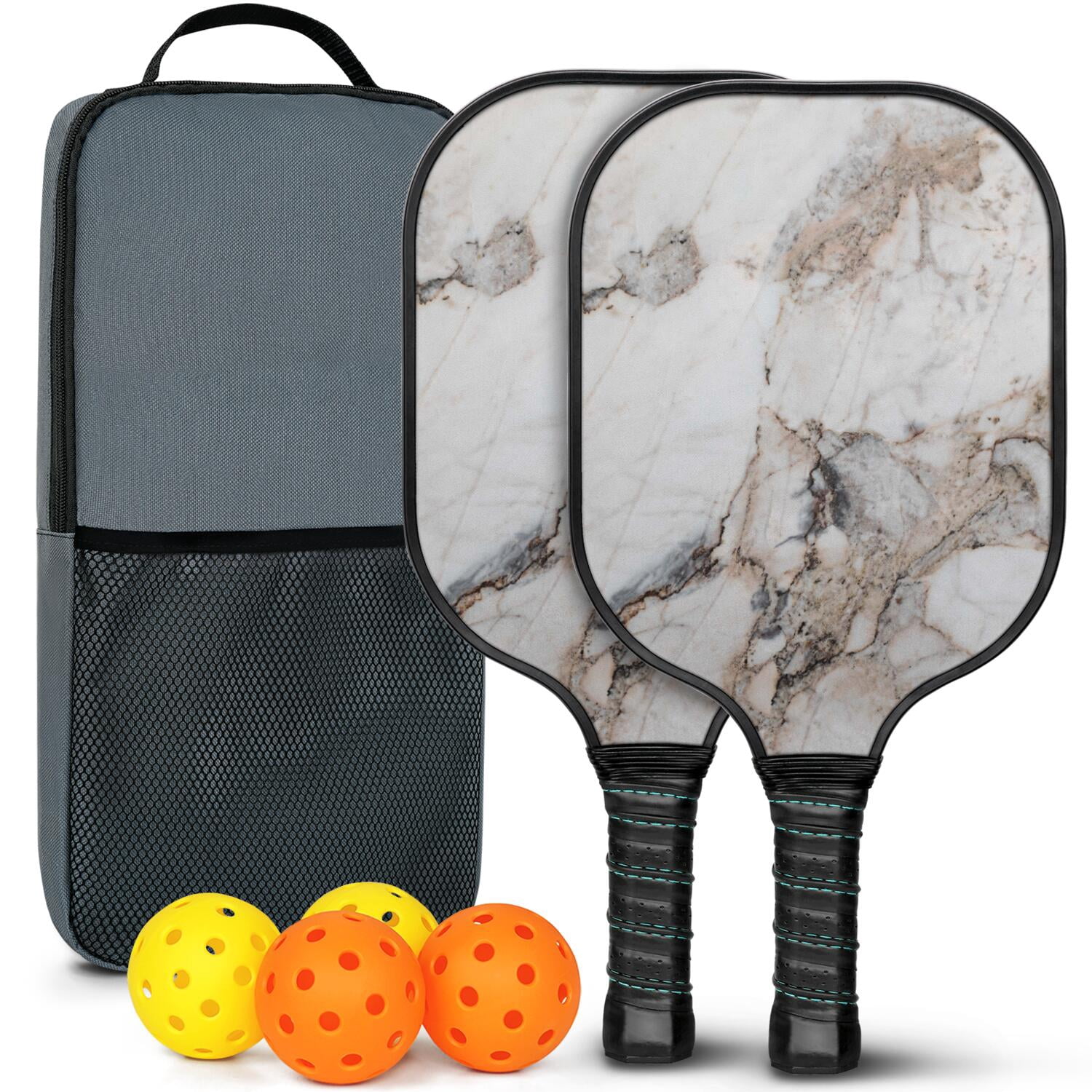 Pickleball Paddles Set Of 2, Fiberglass Surface, Turquoise Marble Pattern, 4 Balls & Bag