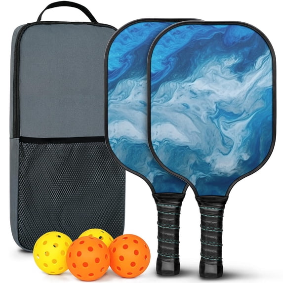 Pickleball Paddles Set Of 2, Fiberglass Surface, Turquoise Marble Pattern, 4 Balls & Bag