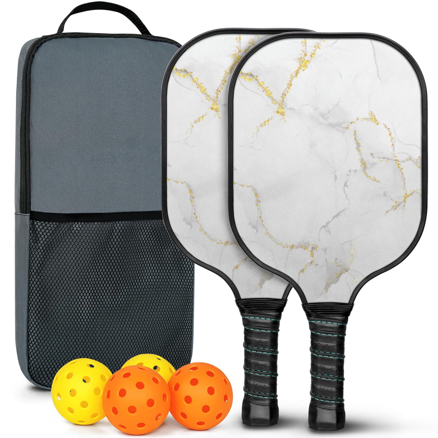 Pickleball Paddles Set Of 2, Fiberglass Surface, Turquoise Marble Pattern, 4 Balls & Bag