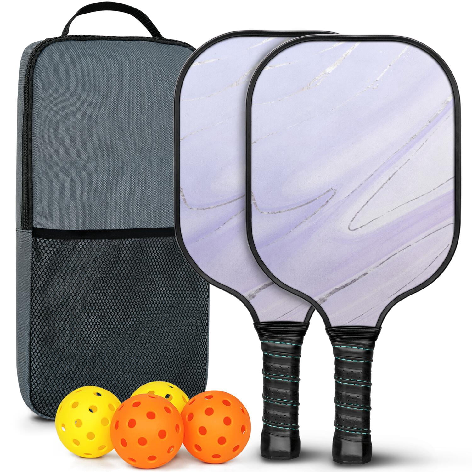 Pickleball Paddles Set Of 2, Fiberglass Surface, Turquoise Marble Pattern, 4 Balls & Bag