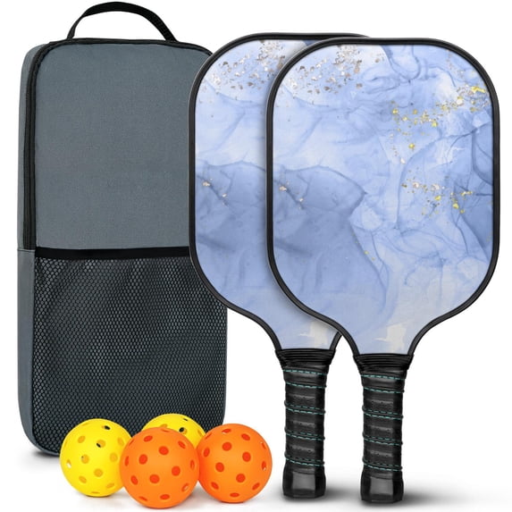 Pickleball Paddles Set Of 2, Fiberglass Surface, Turquoise Marble Pattern, 4 Balls & Bag
