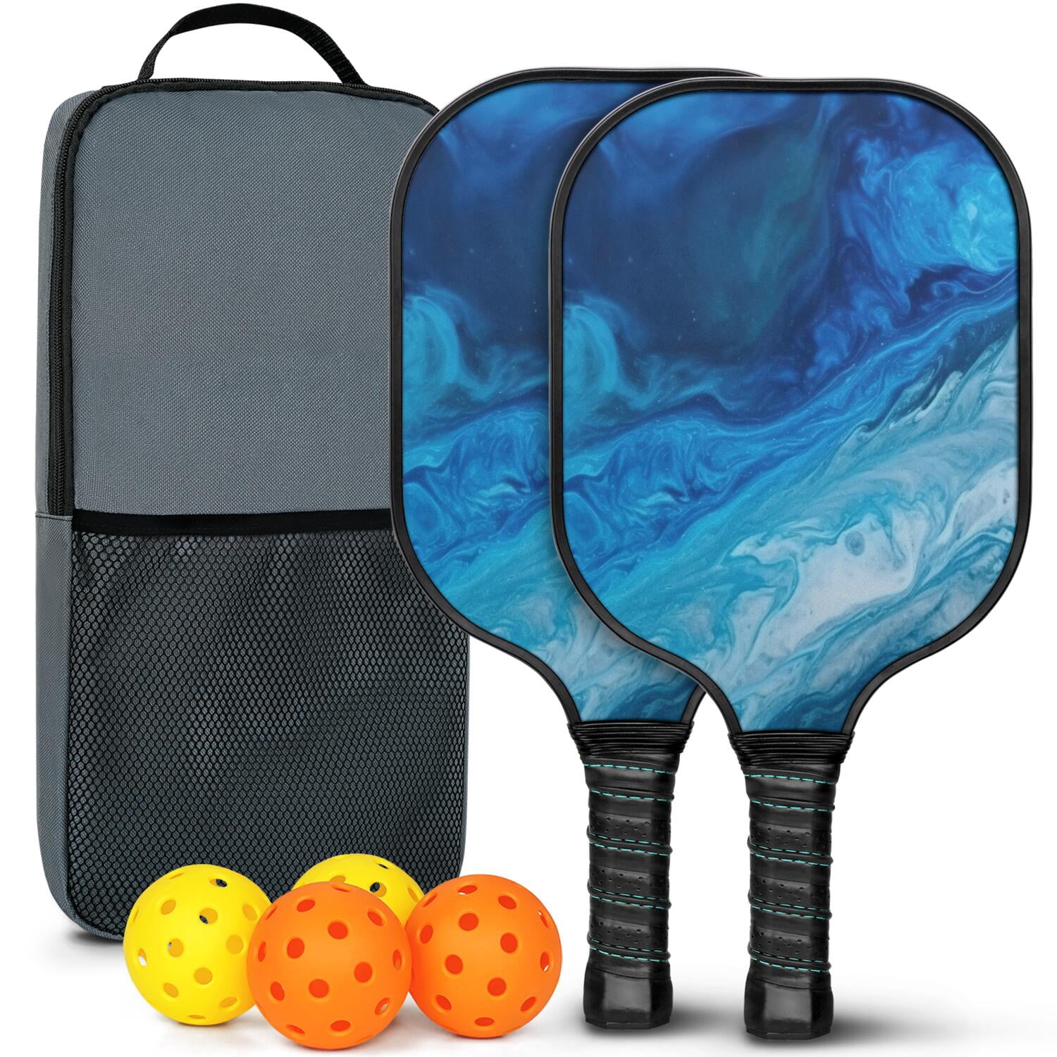 Pickleball Paddles Set Of 2, Fiberglass Surface, Turquoise Marble Pattern, 4 Balls & Bag