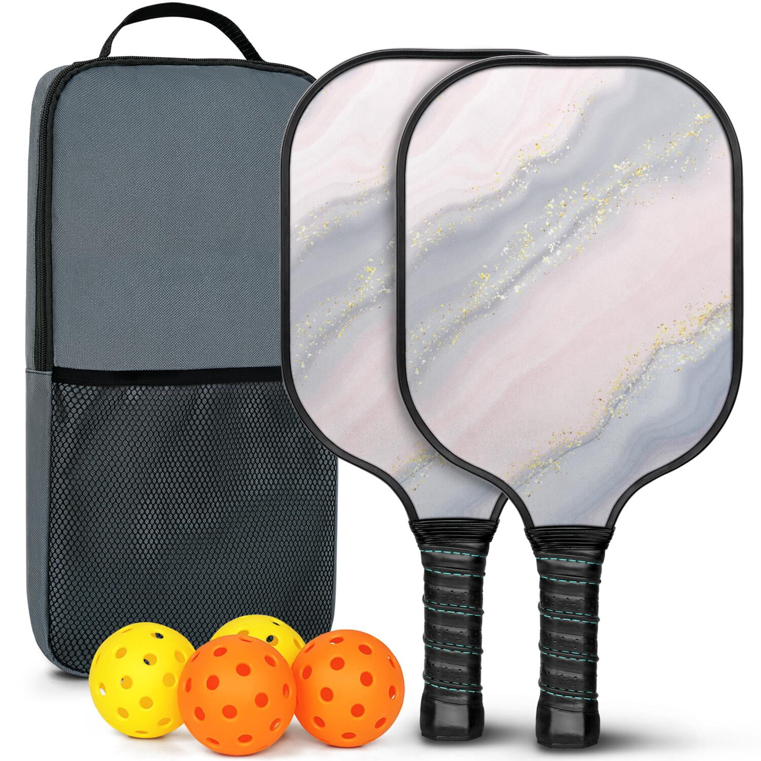 Pickleball Paddles Set Of 2, Fiberglass Surface, Turquoise Marble Pattern, 4 Balls & Bag