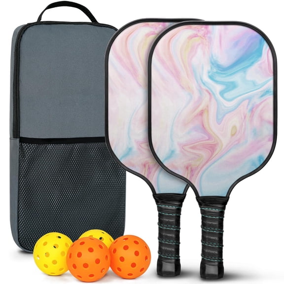Pickleball Paddles Set Of 2, Fiberglass Surface, Turquoise Marble Pattern, 4 Balls & Bag