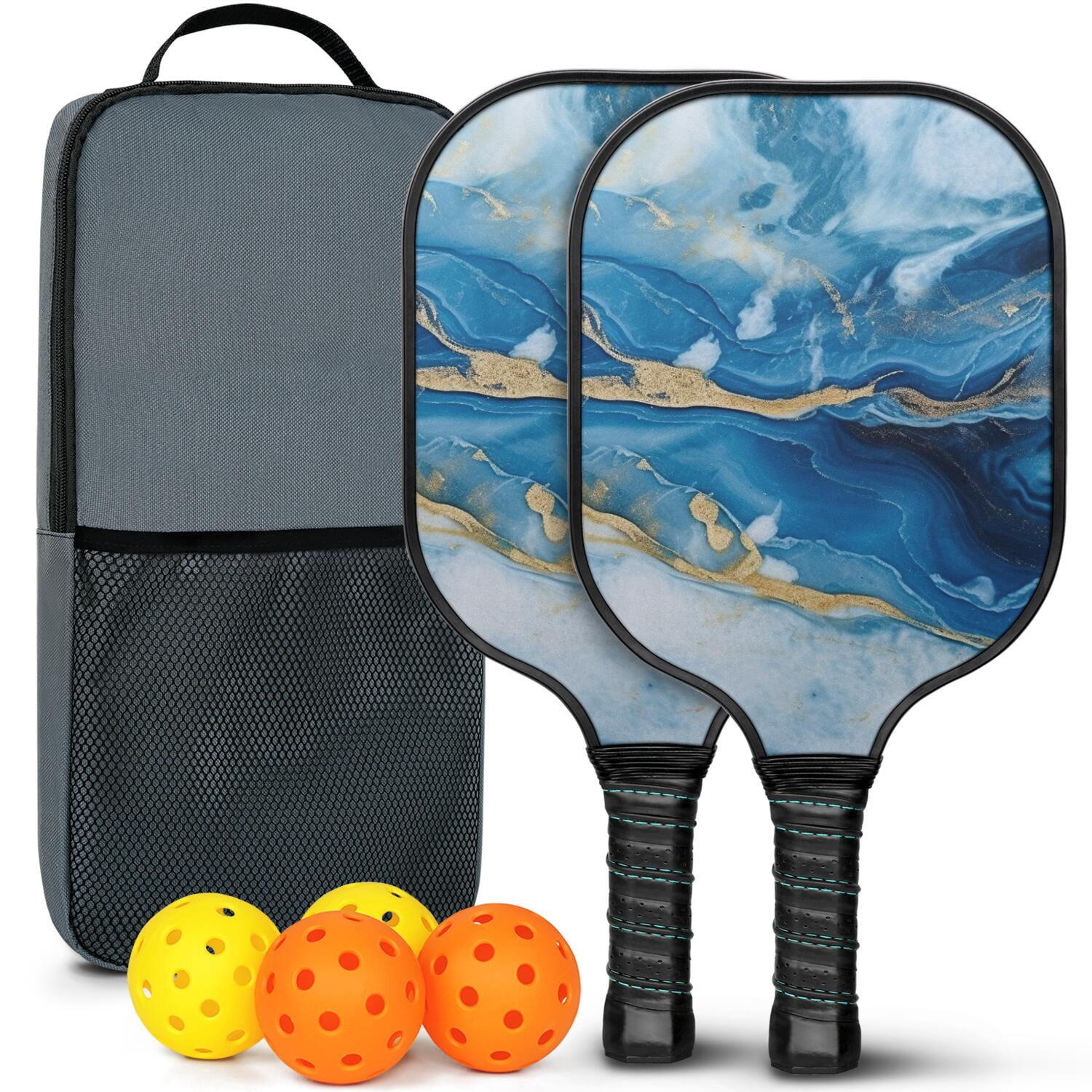 Pickleball Paddles Set Of 2, Fiberglass Surface, Turquoise Marble Pattern, 4 Balls & Bag