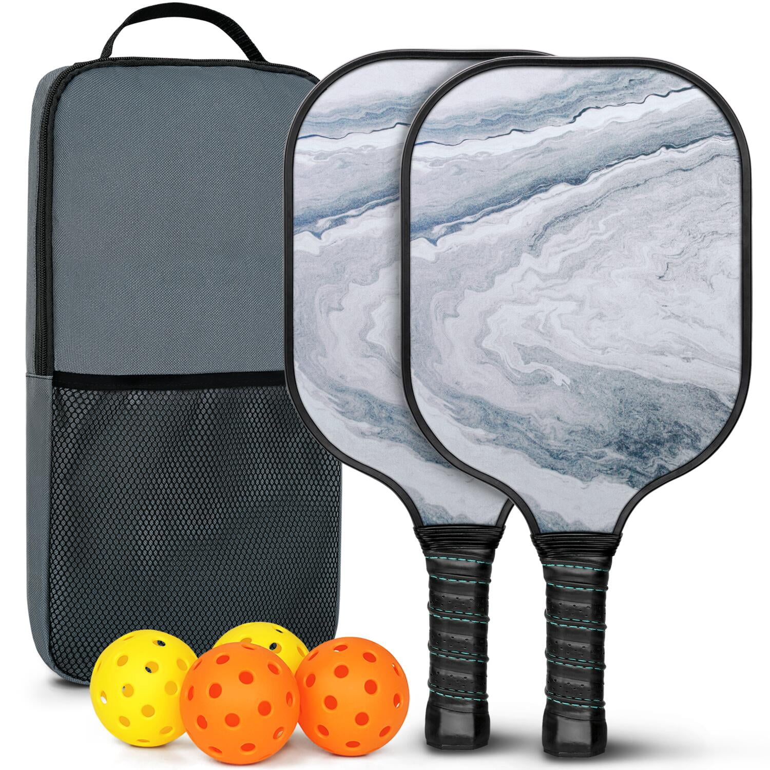 Pickleball Paddles Set Of 2, Fiberglass Surface, Turquoise Marble Pattern, 4 Balls & Bag