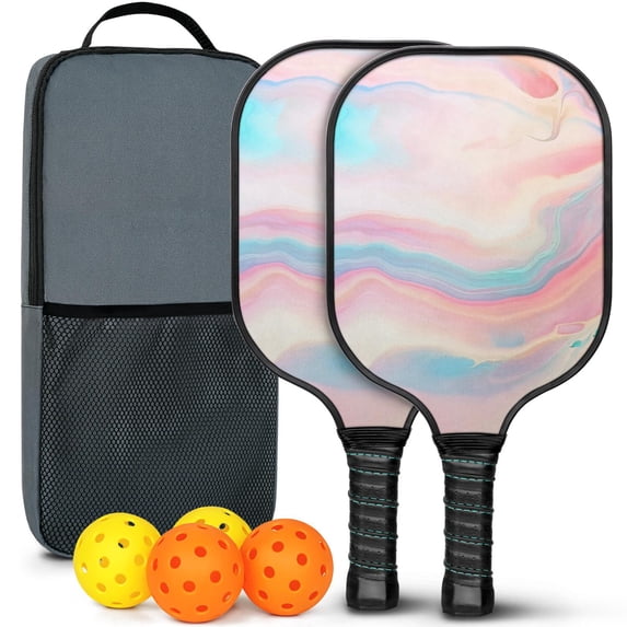 Pickleball Paddles Set Of 2, Fiberglass Surface, Turquoise Marble Pattern, 4 Balls & Bag