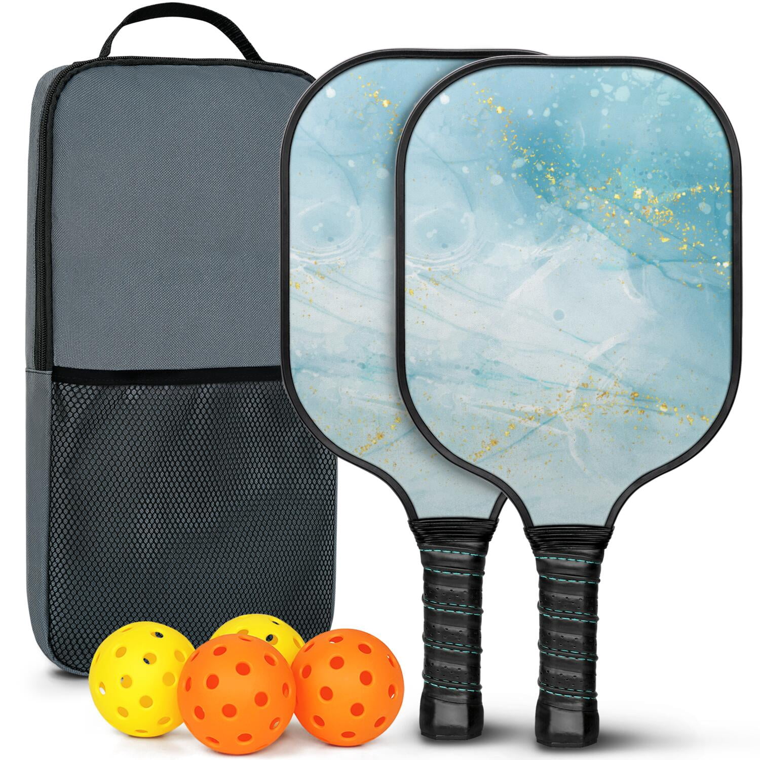 Pickleball Paddles Set Of 2, Fiberglass Surface, Turquoise Marble Pattern, 4 Balls & Bag
