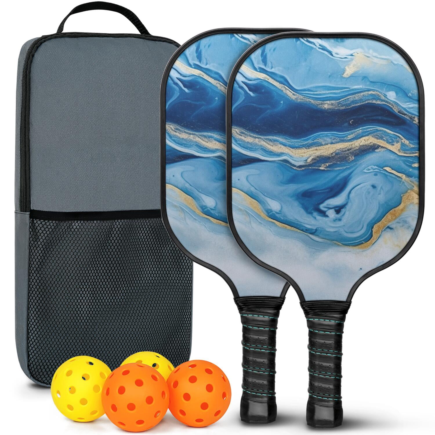 Pickleball Paddles Set Of 2, Fiberglass Surface, Turquoise Marble Pattern, 4 Balls & Bag