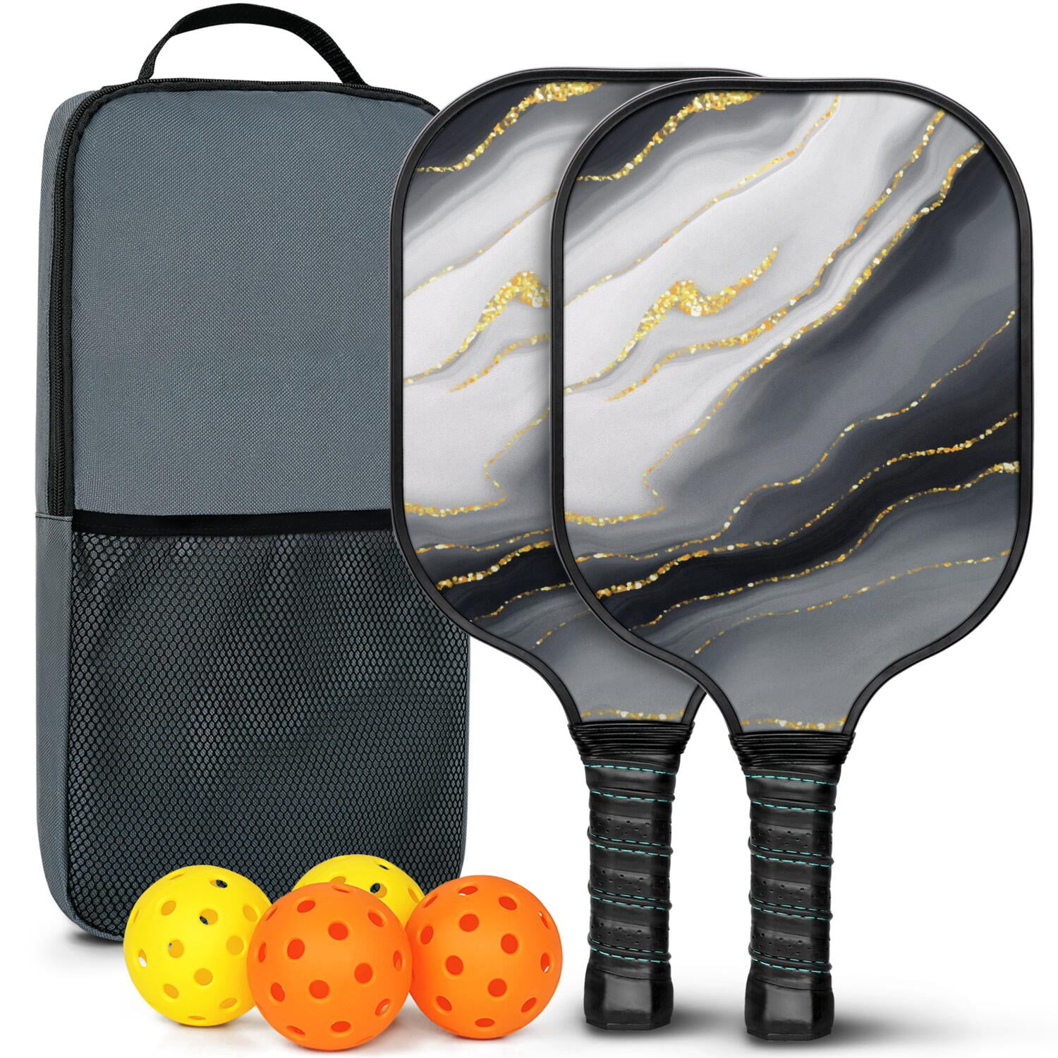 Pickleball Paddles Set Of 2, Fiberglass Surface, Turquoise Marble Pattern, 4 Balls & Bag