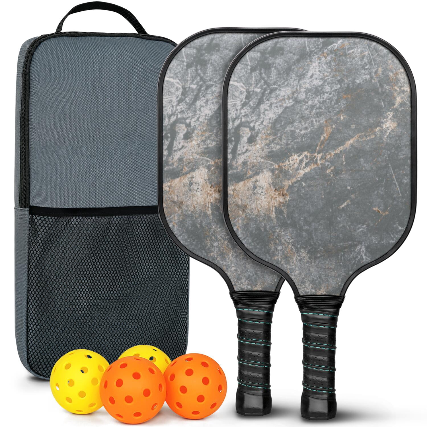 Pickleball Paddles Set Of 2, Fiberglass Surface, Turquoise Marble Pattern, 4 Balls & Bag