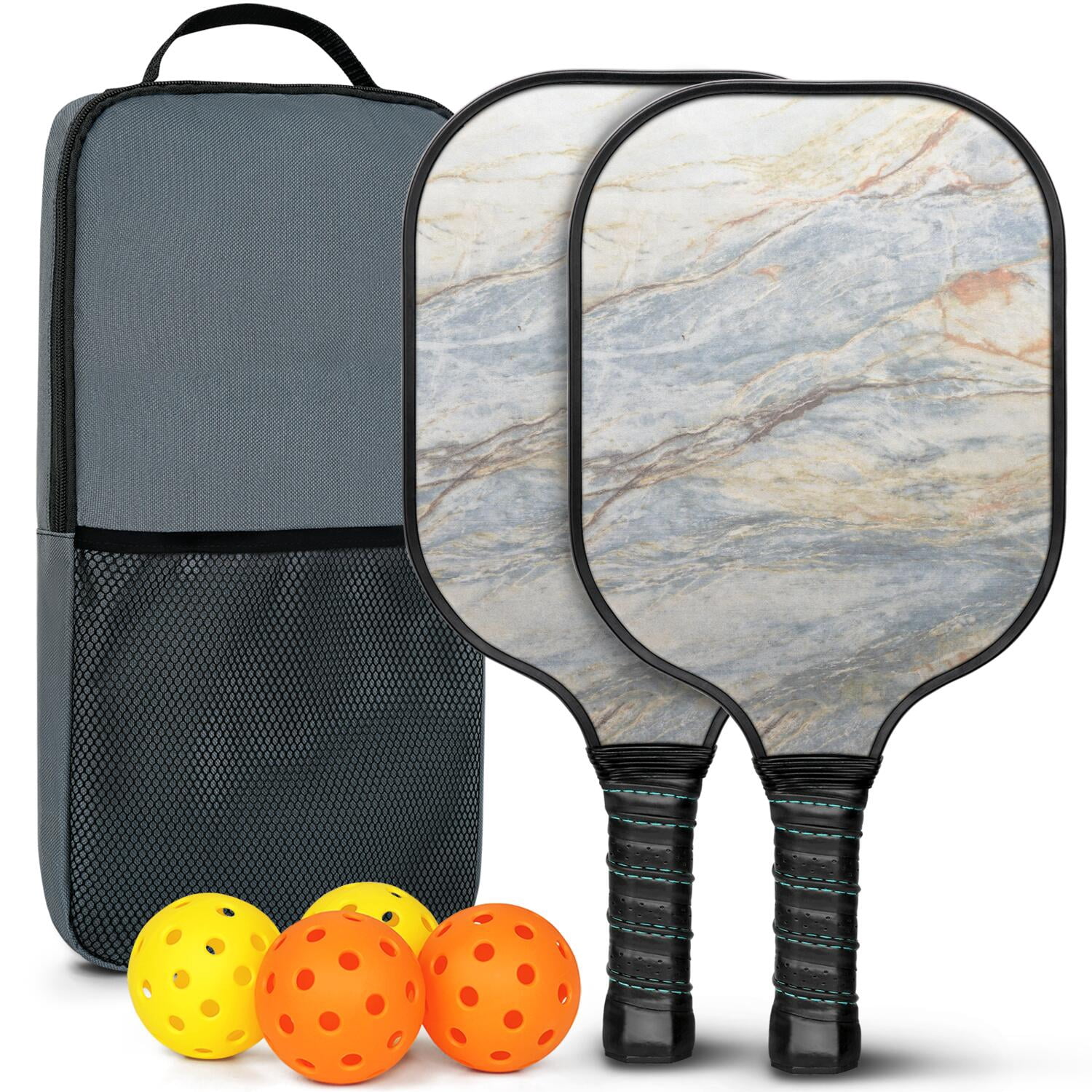 Pickleball Paddles Set Of 2, Fiberglass Surface, Turquoise Marble Pattern, 4 Balls & Bag