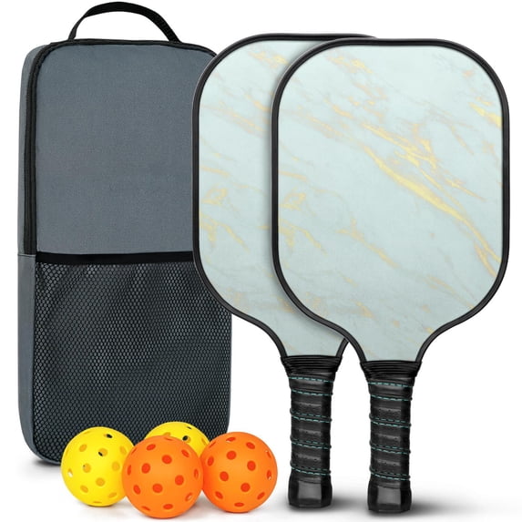 Pickleball Paddles Set Of 2, Fiberglass Surface, Turquoise Marble Pattern, 4 Balls & Bag