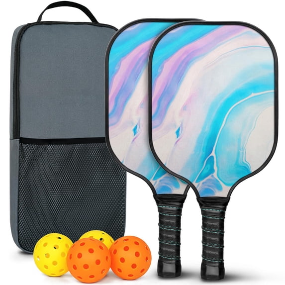 Pickleball Paddles Set Of 2, Fiberglass Surface, Turquoise Marble Pattern, 4 Balls & Bag