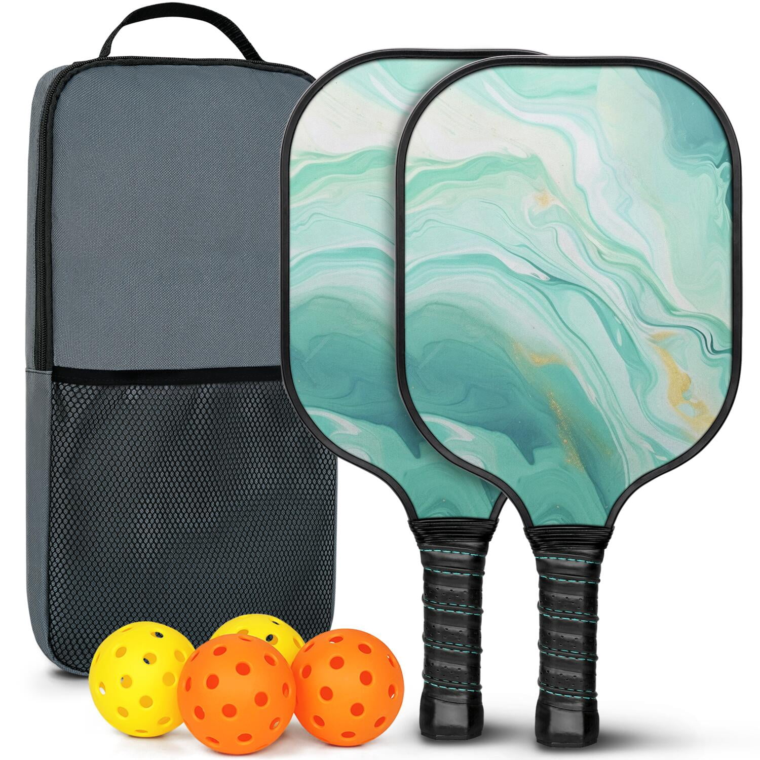 Pickleball Paddles Set Of 2, Fiberglass Surface, Turquoise Marble Pattern, 4 Balls & Bag