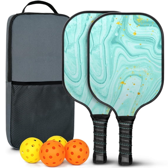 Pickleball Paddles Set Of 2, Fiberglass Surface, Turquoise Marble Pattern, 4 Balls & Bag