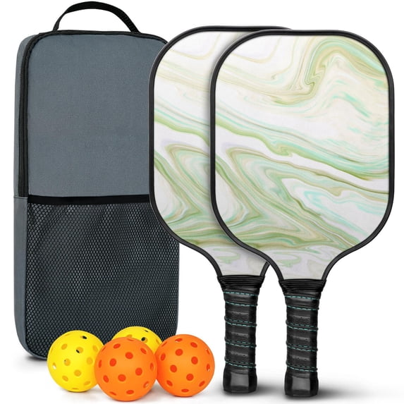 Pickleball Paddles Set Of 2, Fiberglass Surface, Turquoise Marble Pattern, 4 Balls & Bag