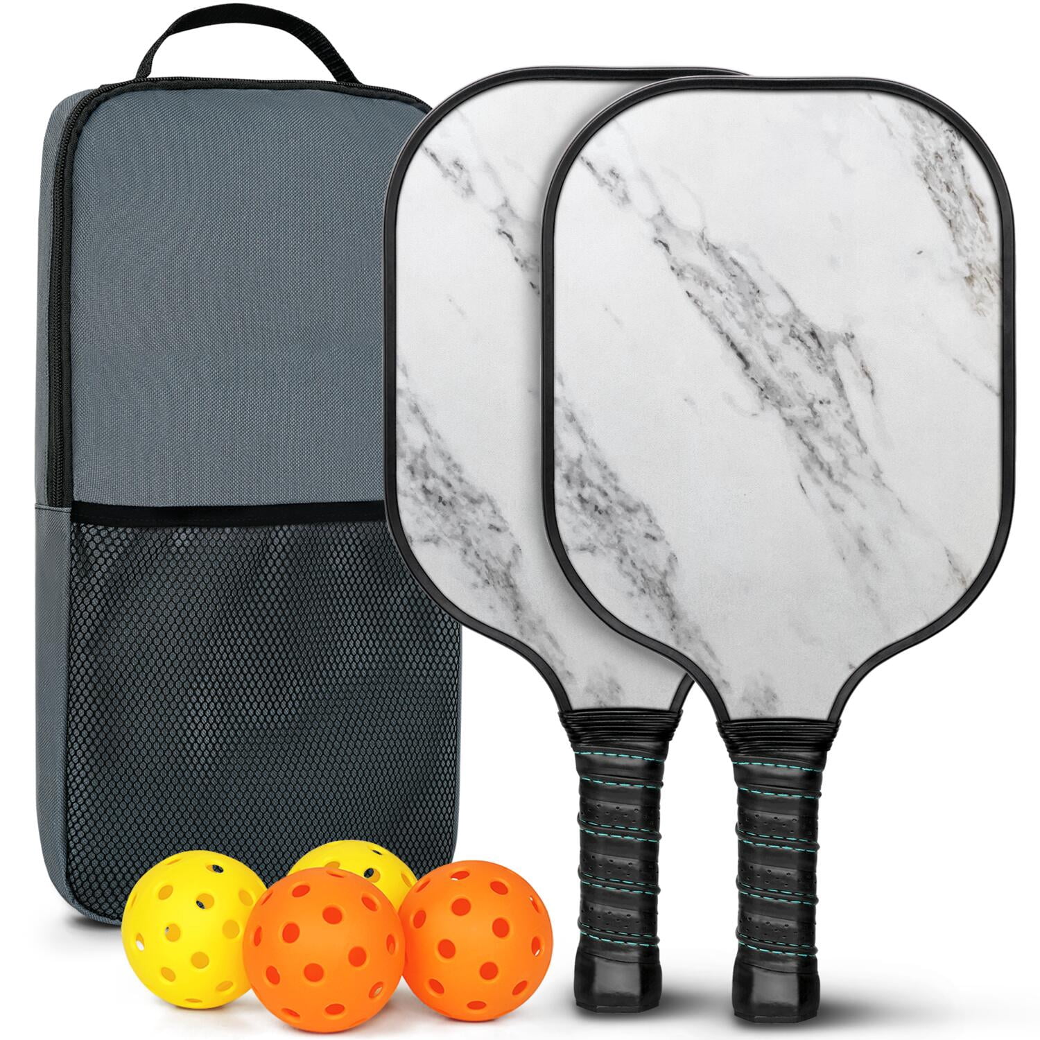 Pickleball Paddles Set Of 2, Fiberglass Surface, Turquoise Marble Pattern, 4 Balls & Bag