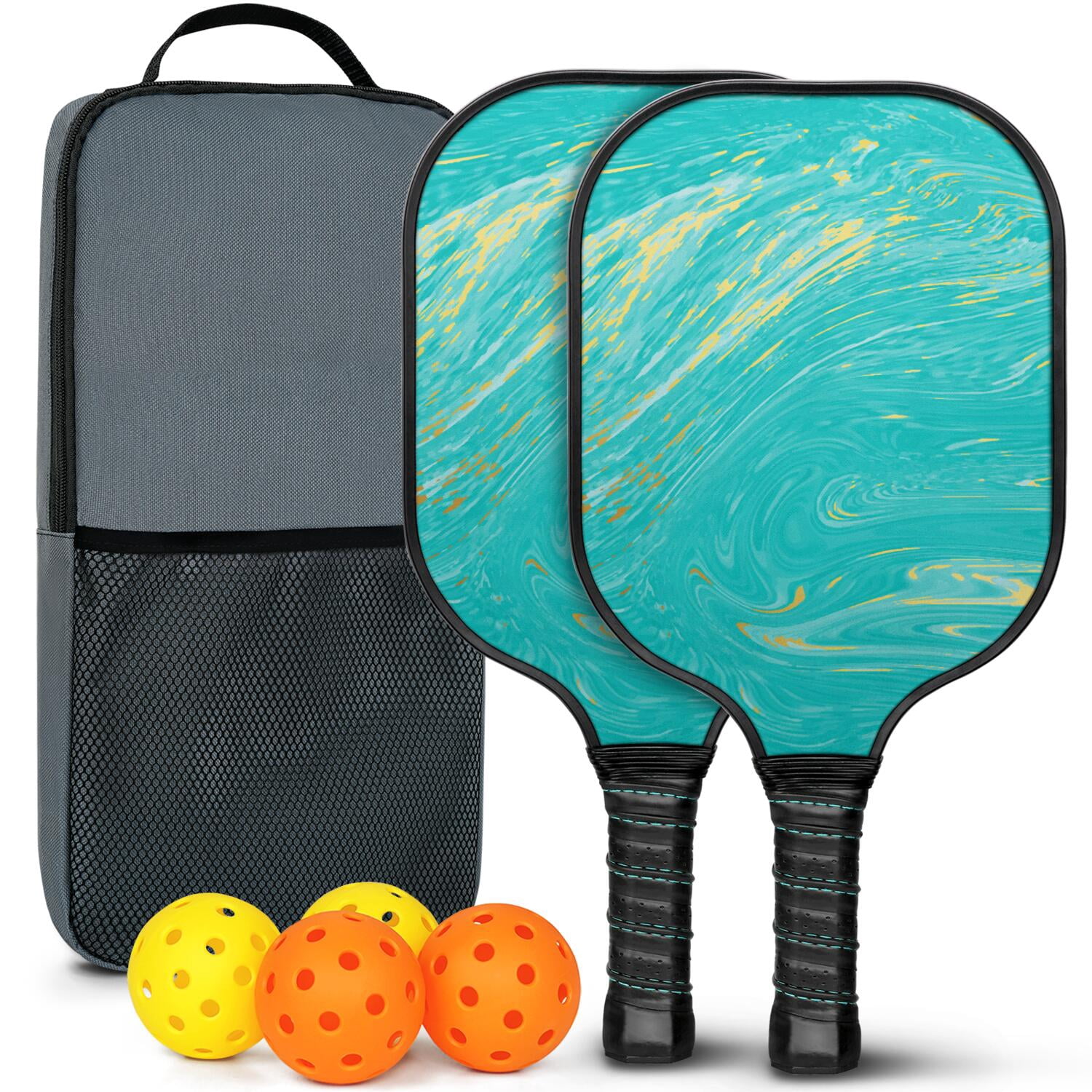 Pickleball Paddles Set Of 2, Fiberglass Surface, Turquoise Marble Pattern, 4 Balls & Bag