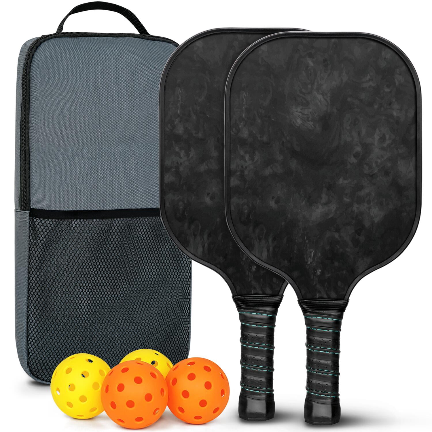 Pickleball Paddles Set Of 2, Fiberglass Surface, Turquoise Marble Pattern, 4 Balls & Bag