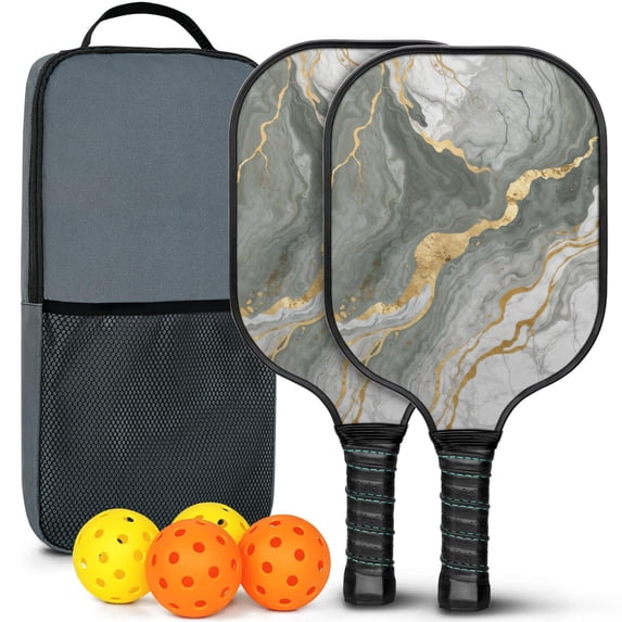 Pickleball Paddles Set Of 2, Fiberglass Surface, Turquoise Marble Pattern, 4 Balls & Bag