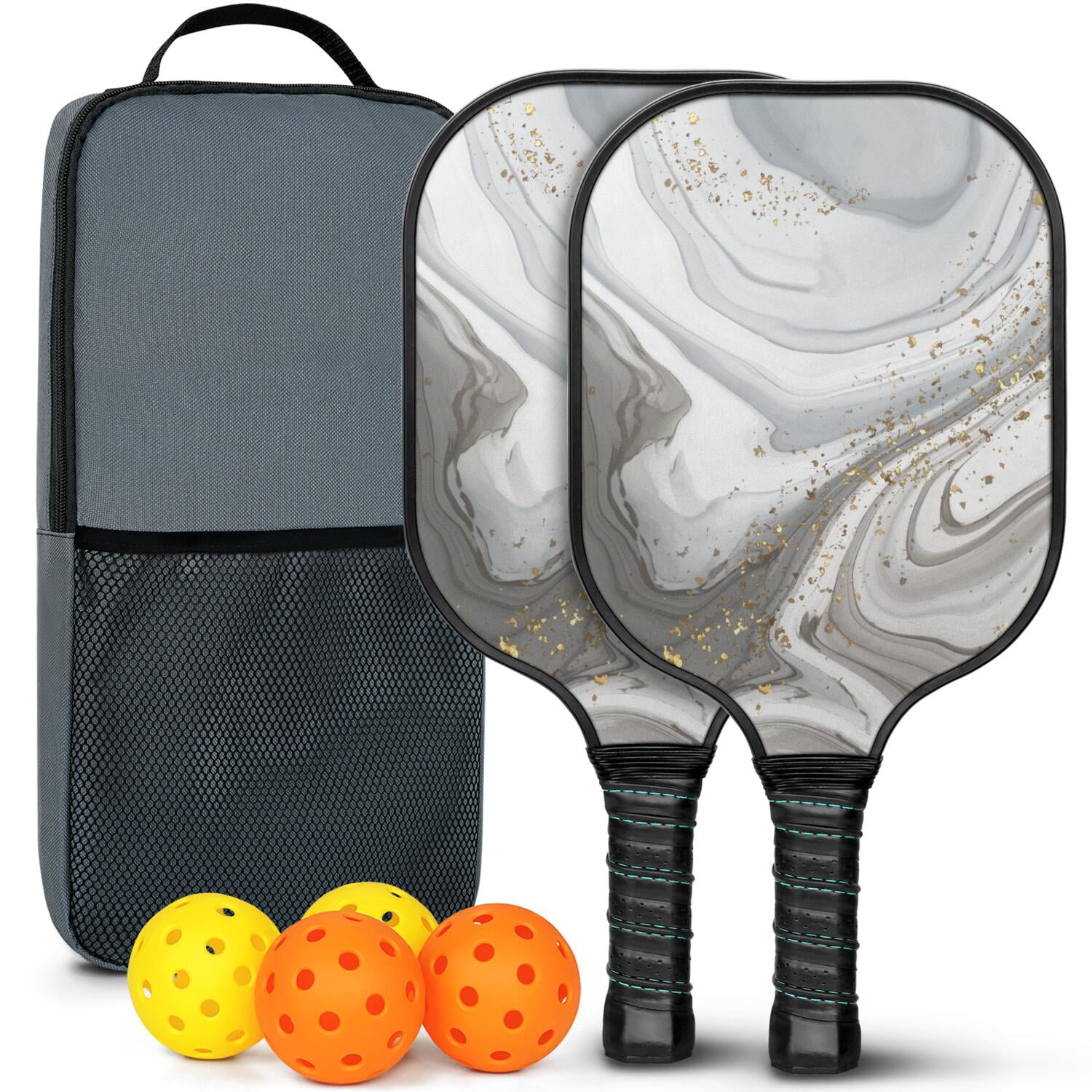 Pickleball Paddles Set Of 2, Fiberglass Surface, Turquoise Marble Pattern, 4 Balls & Bag