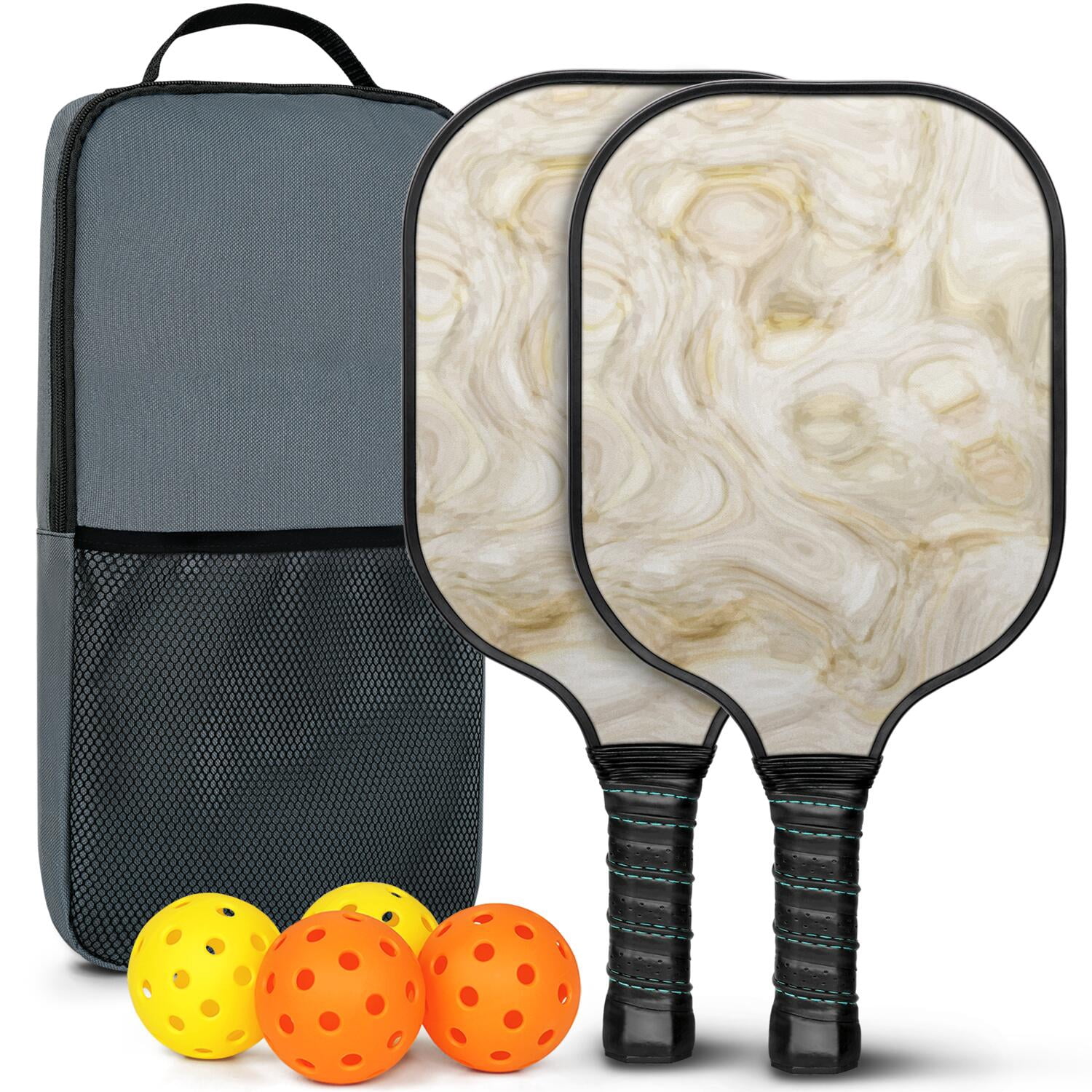 Pickleball Paddles Set Of 2, Fiberglass Surface, Turquoise Marble Pattern, 4 Balls & Bag