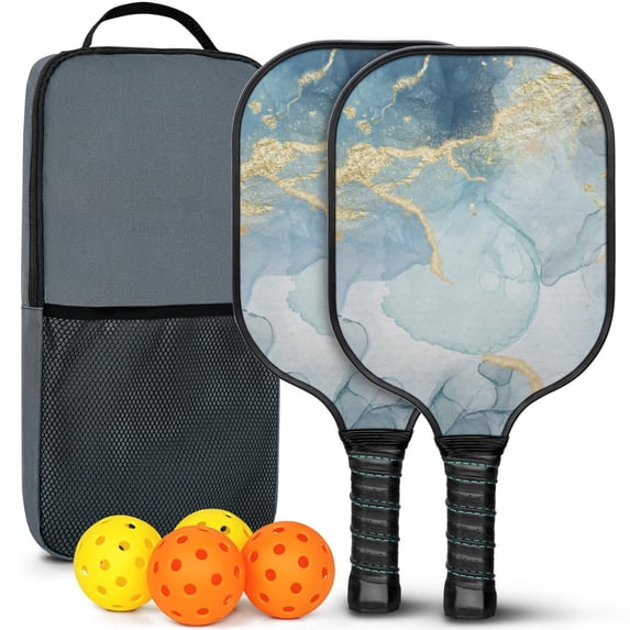 Pickleball Paddles Set Of 2, Fiberglass Surface, Turquoise Marble Pattern, 4 Balls & Bag