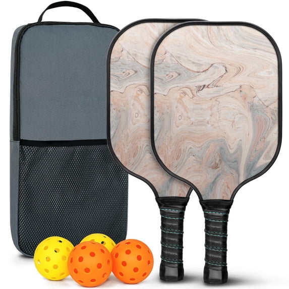 Pickleball Paddles Set Of 2, Fiberglass Surface, Turquoise Marble Pattern, 4 Balls & Bag