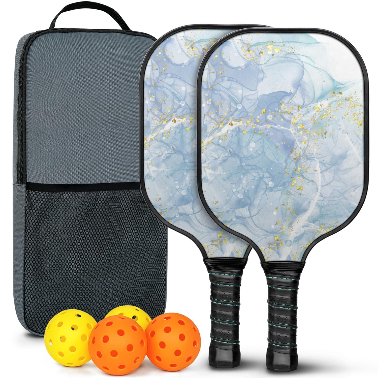 Pickleball Paddles Set Of 2, Fiberglass Surface, Turquoise Marble Pattern, 4 Balls & Bag