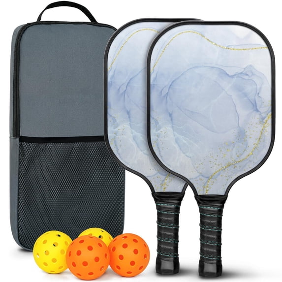 Pickleball Paddles Set Of 2, Fiberglass Surface, Turquoise Marble Pattern, 4 Balls & Bag