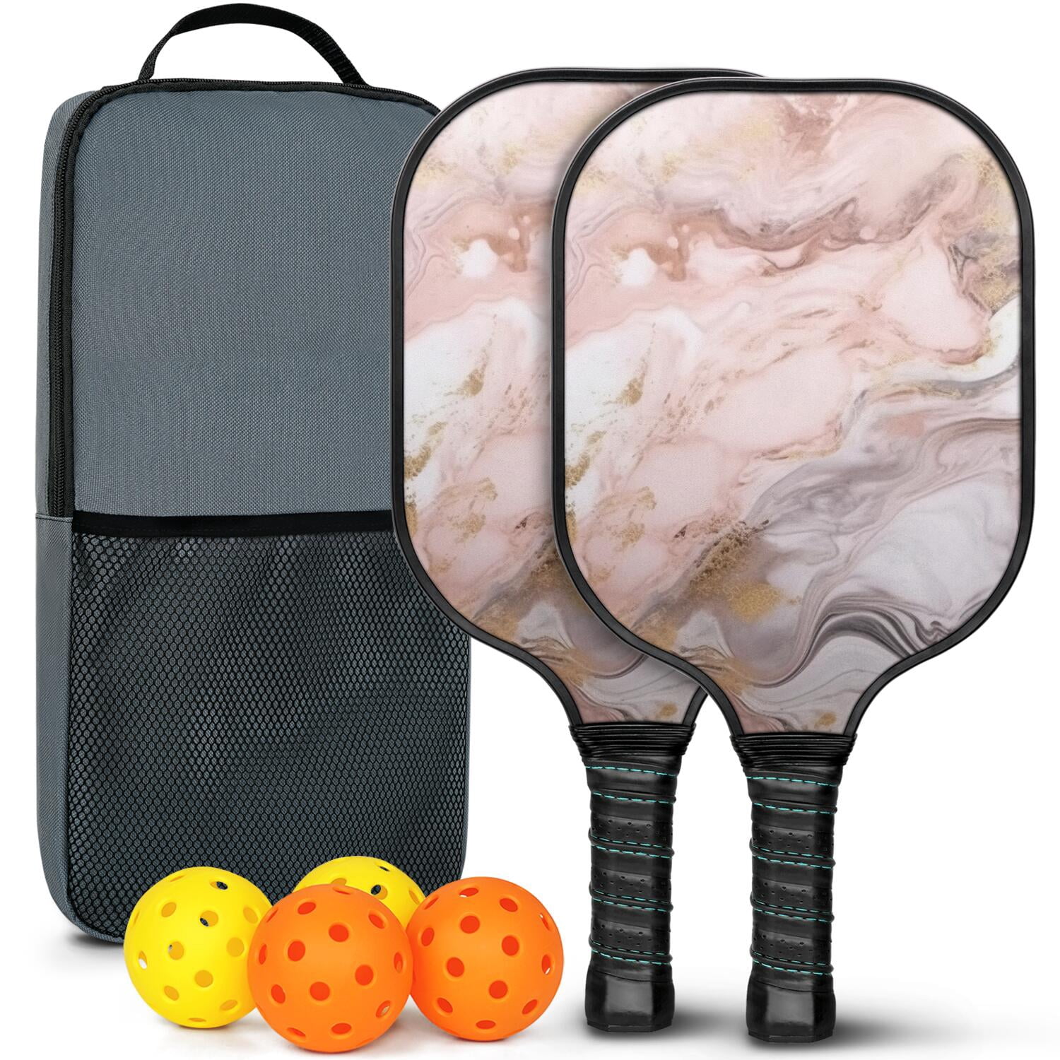Pickleball Paddles Set Of 2, Fiberglass Surface, Turquoise Marble Pattern, 4 Balls & Bag