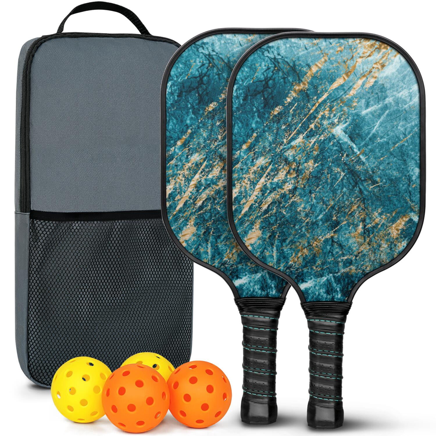 Pickleball Paddles Set Of 2, Fiberglass Surface, Turquoise Marble Pattern, 4 Balls & Bag