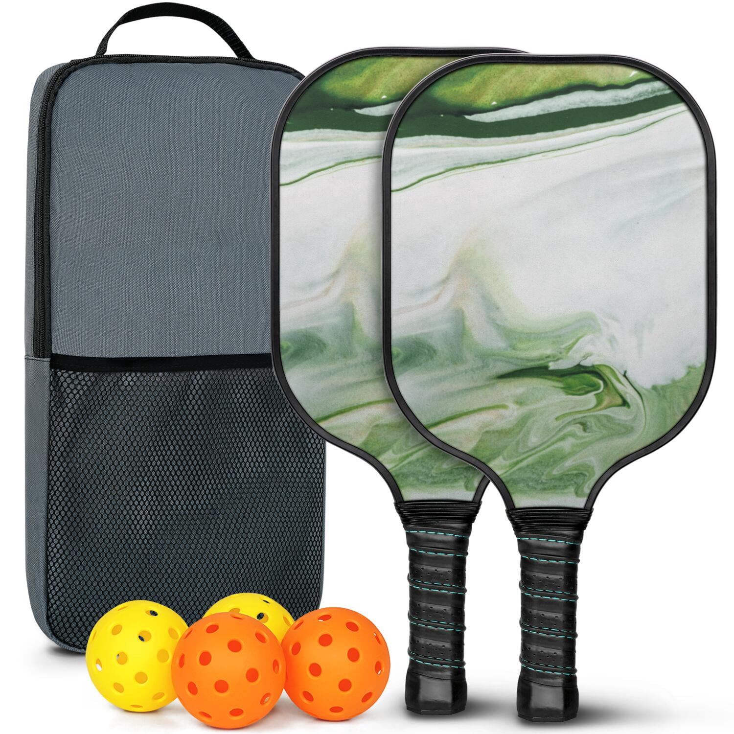 Pickleball Paddles Set Of 2, Fiberglass Surface, Turquoise Marble Pattern, 4 Balls & Bag