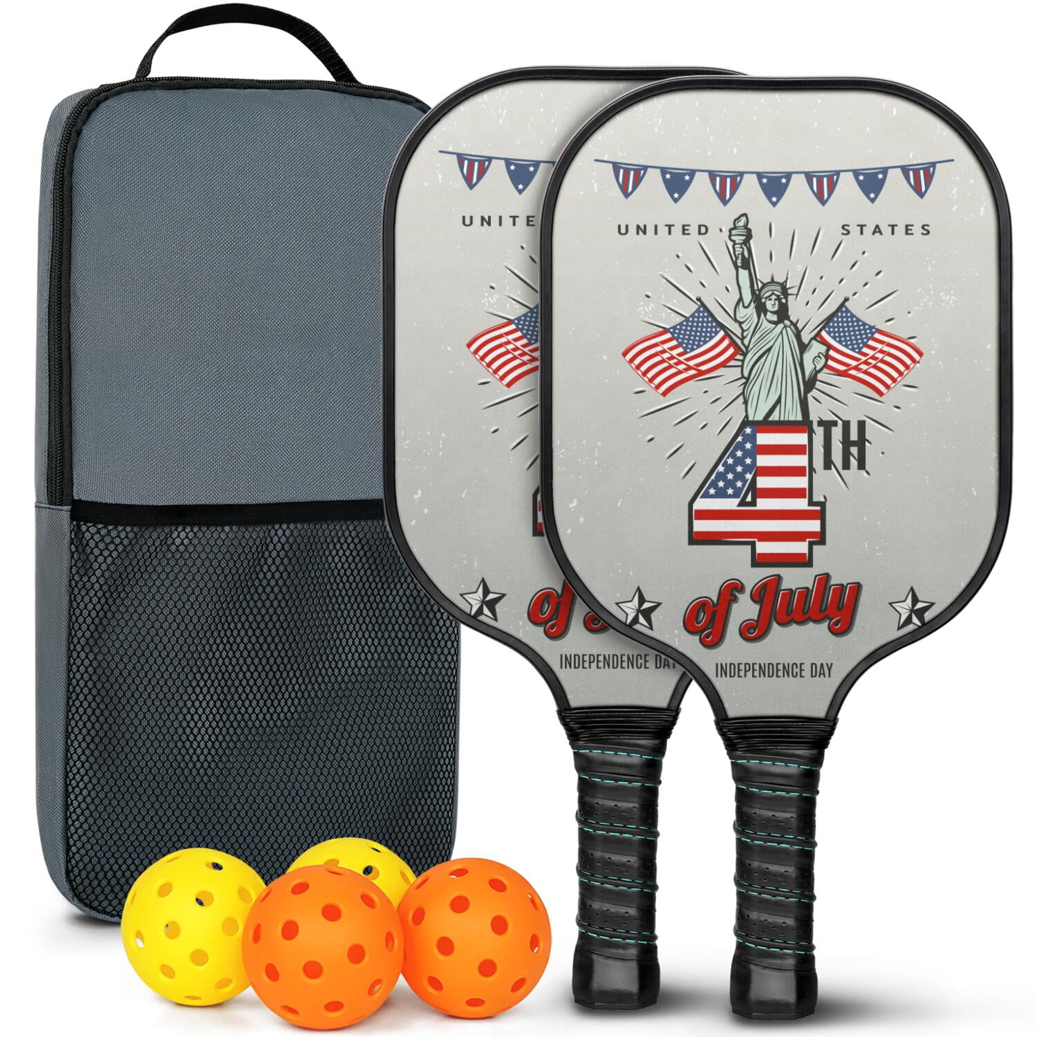 Pickleball Paddles Set Of 2, Fiberglass Surface, USA, Independence Day Print, 4 Balls & Bag