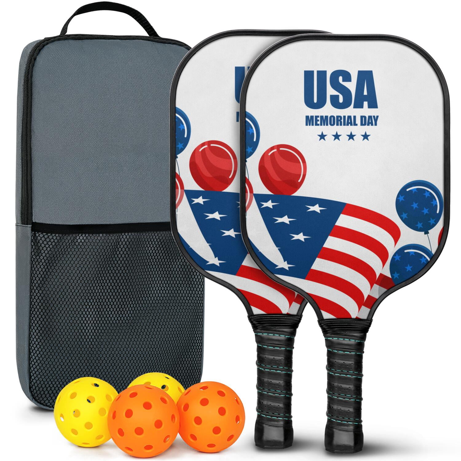 Pickleball Paddles Set Of 2, Fiberglass Surface, USA, Independence Day Print, 4 Balls & Bag