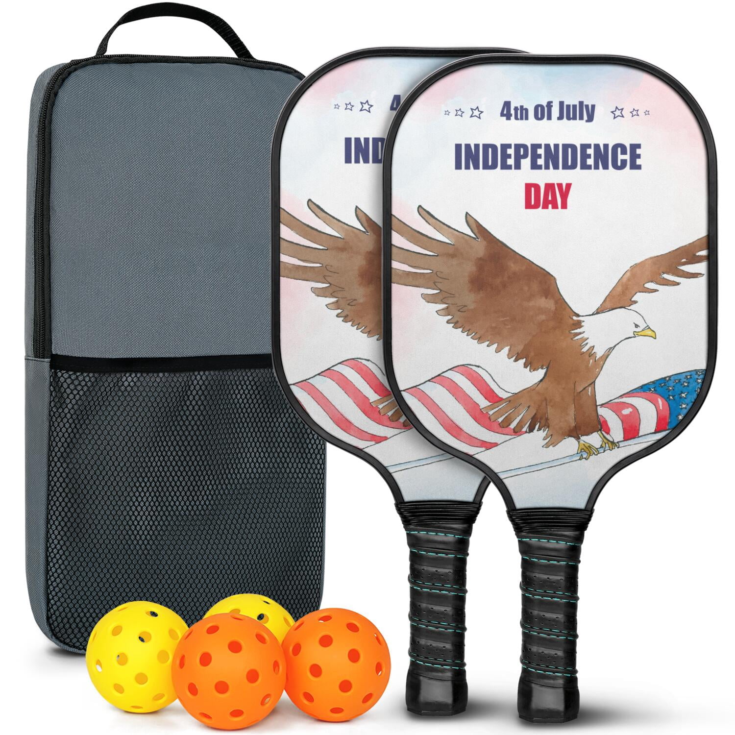 Pickleball Paddles Set Of 2, Fiberglass Surface, USA, Independence Day Print, 4 Balls & Bag