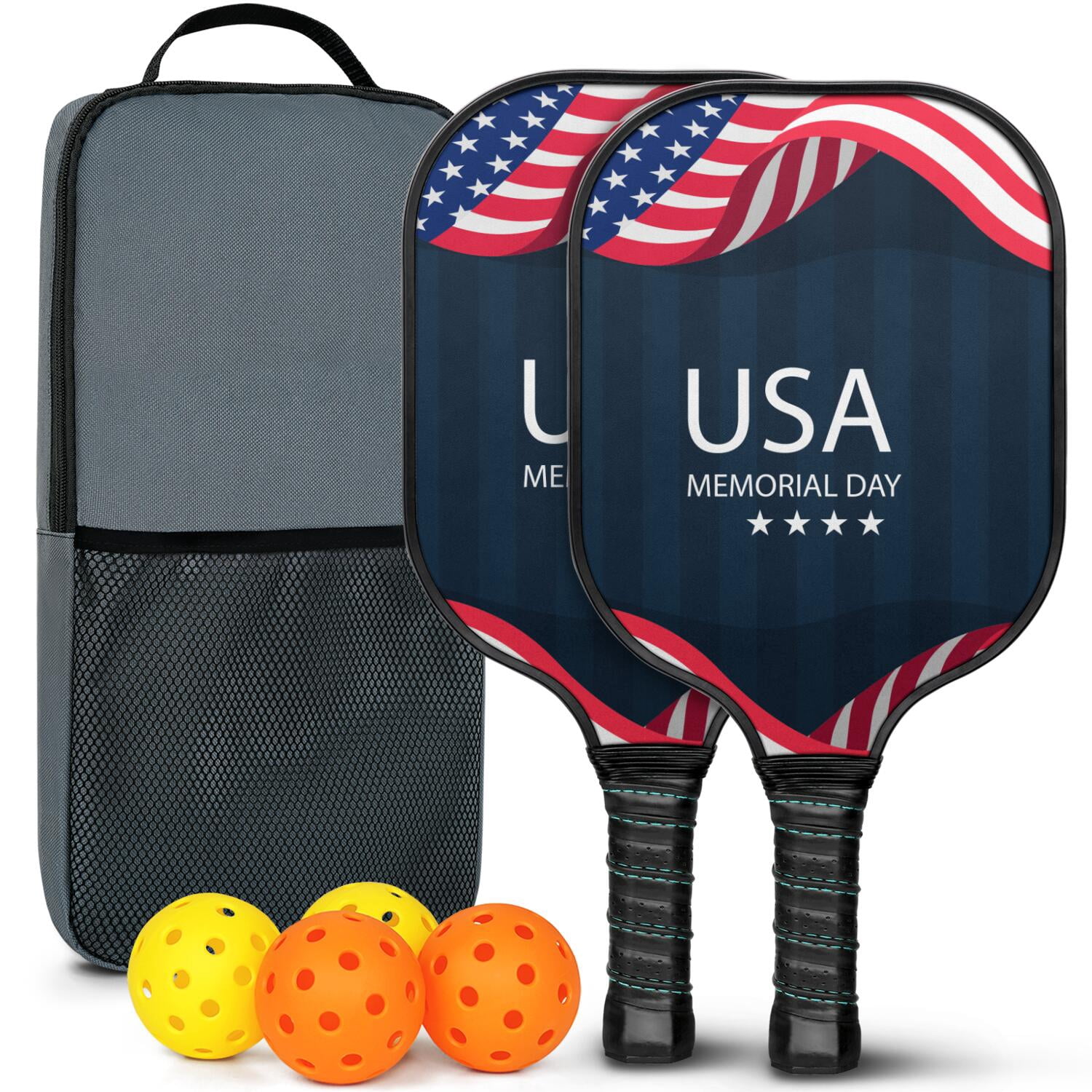 Pickleball Paddles Set Of 2, Fiberglass Surface, USA, Independence Day Print, 4 Balls & Bag