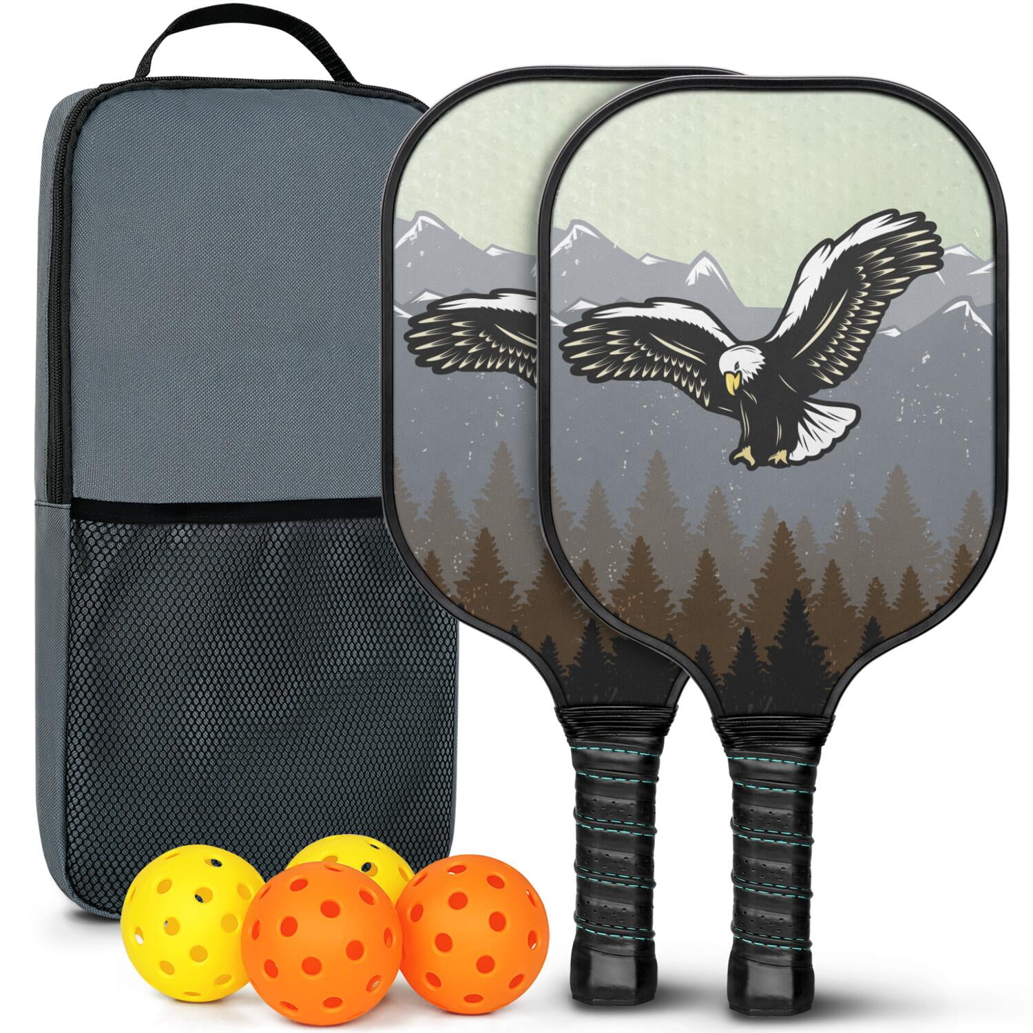 Pickleball Paddles Set Of 2, Fiberglass Surface, USA, Independence Day Print, 4 Balls & Bag